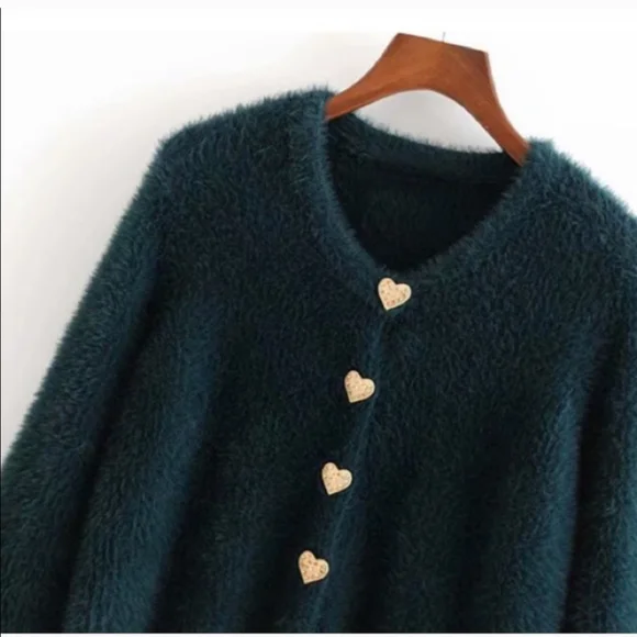 Zara Green Vegan Fur Cardigan Heart Jewel Buttons - Picture 6 of 8